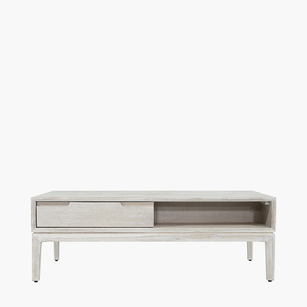 Gio white sand acacia wood two drawer coffee table alternate view
