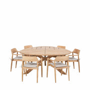 Reuleaux teak outdoor dining table with six chairs and seat cushions
