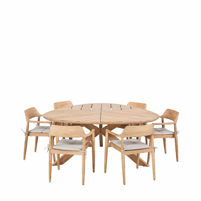 Reuleaux teak outdoor dining table with six chairs and seat cushions