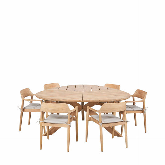 Reuleaux teak outdoor dining table with six chairs and seat cushions