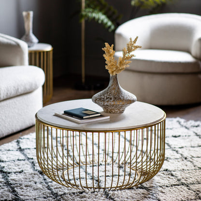 Riley gold coffee table with round white marble top