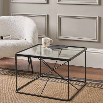 Roxy glass and black metal coffee table styled in a contemporary interior