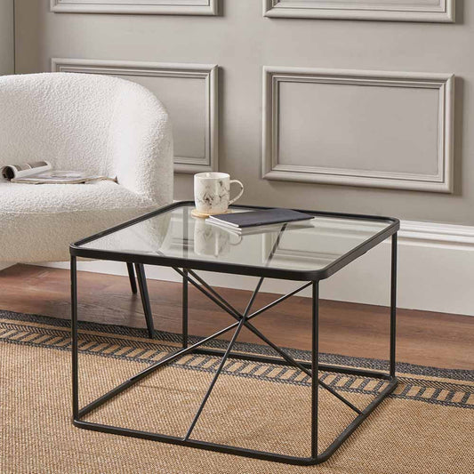 Roxy glass and black metal coffee table styled in a contemporary interior
