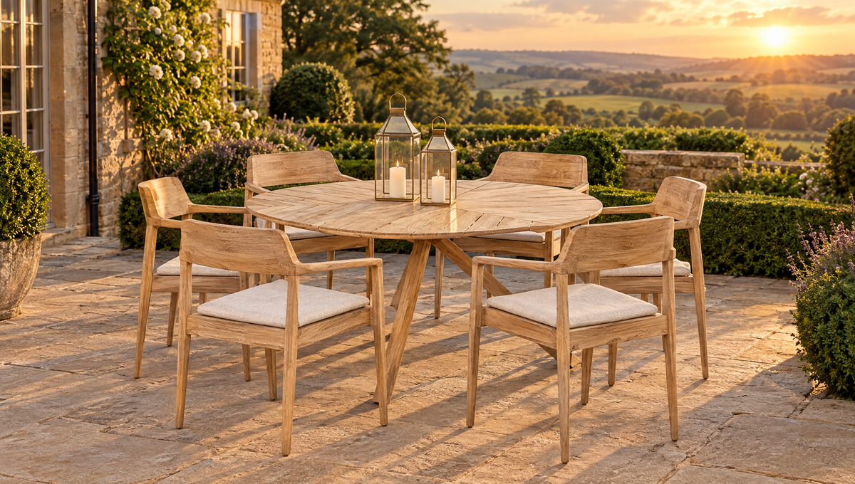 Reuleaux Teak 6 Seater Outdoor Dining Set styled on a premium Yorkshire terrace