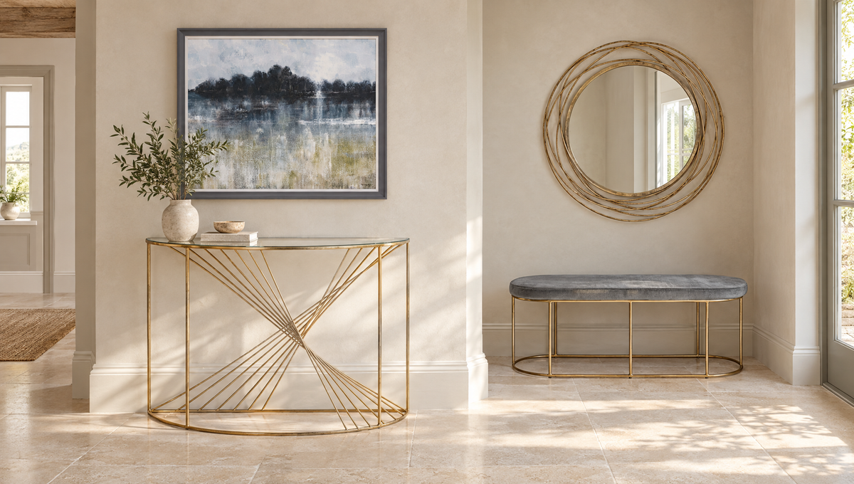 Premium hallway with Liberty console, Adrift artwork, antique gold round mirror and Nino bench