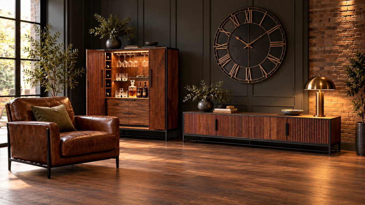 Premium home bar interior with chair, drinks cabinet, statement clock and sideboard