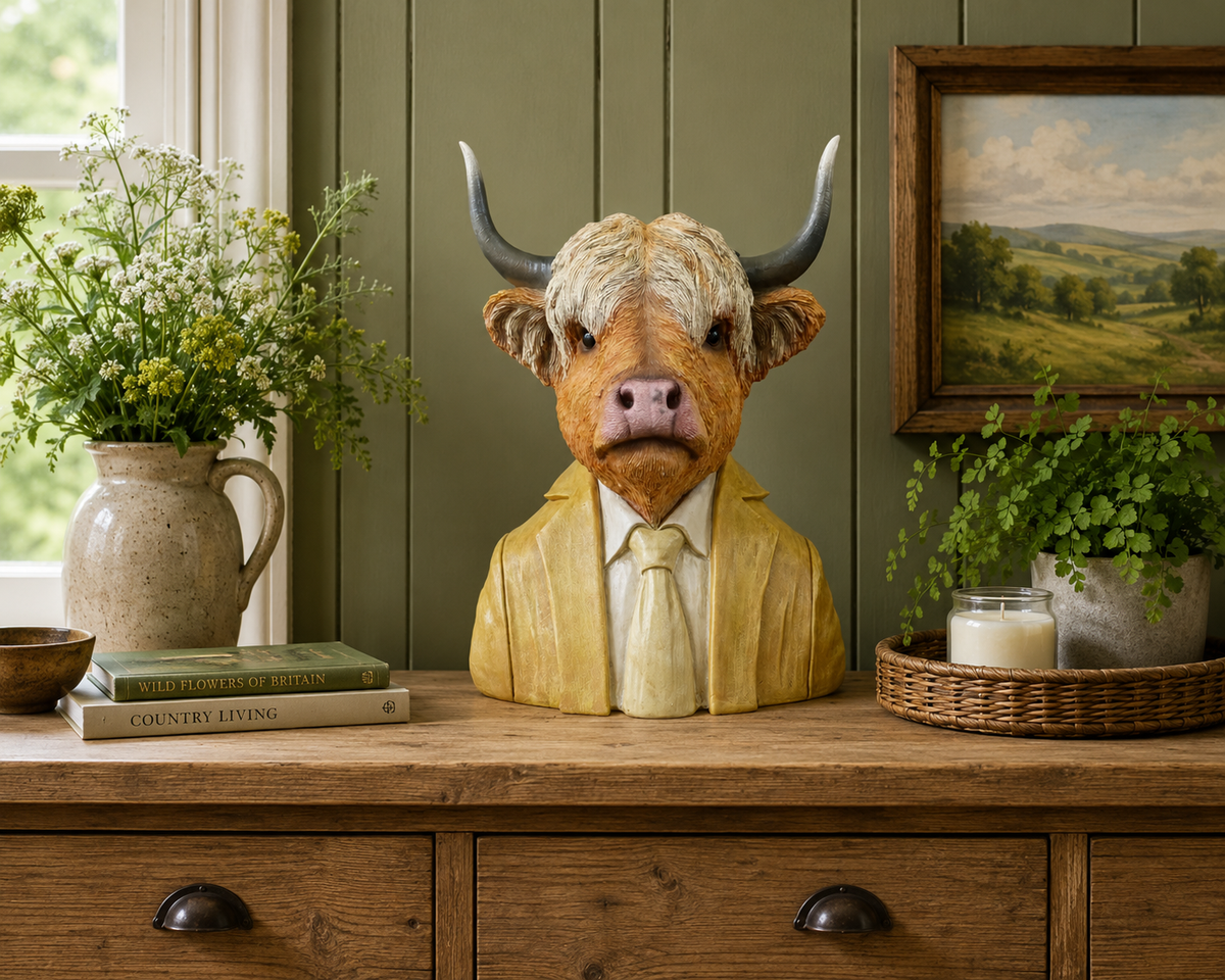 Large cow bust sculpture in a room setting