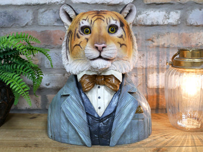 Large tiger bust sculpture in a room setting