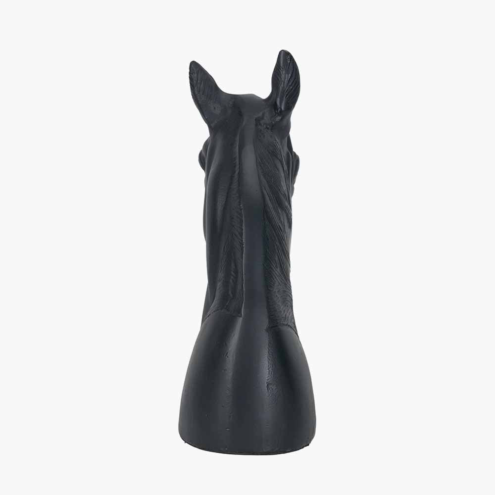 Black metal horse head ornament, rear view