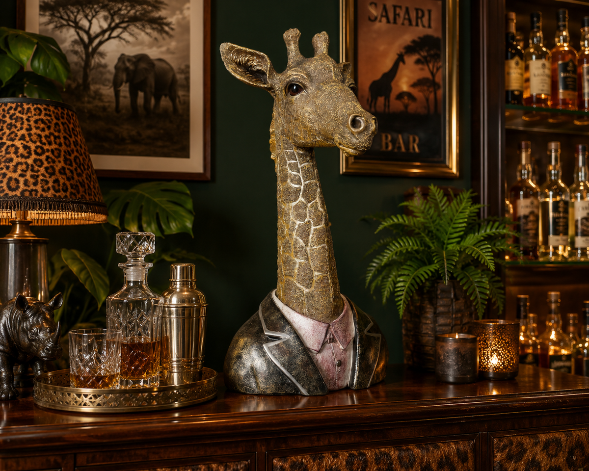 Giraffe bust sculpture in a room setting
