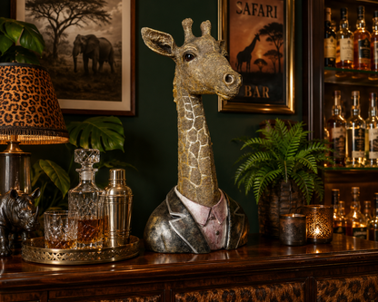 Giraffe bust sculpture in a room setting