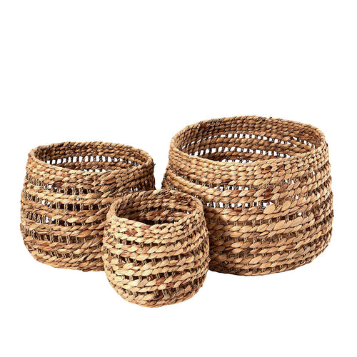 Woven Water Hyacinth  Round Stripe Details Baskets